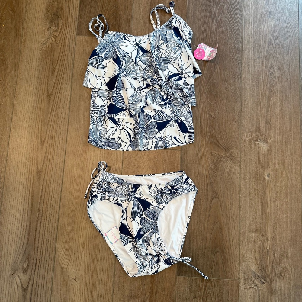 Stella Parker Women's Triple Tier Tankini Swim Set White Blue